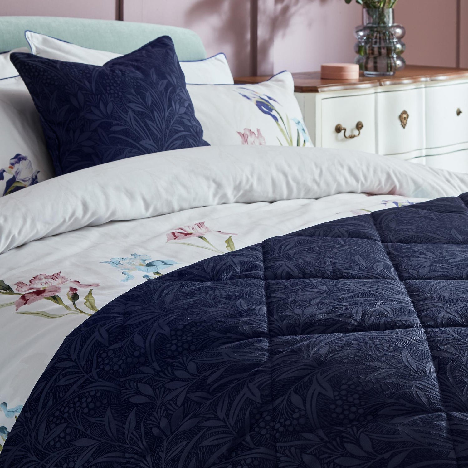 Laura Ashley Barley Embossed 235cm x 235cm Bedspread Navy