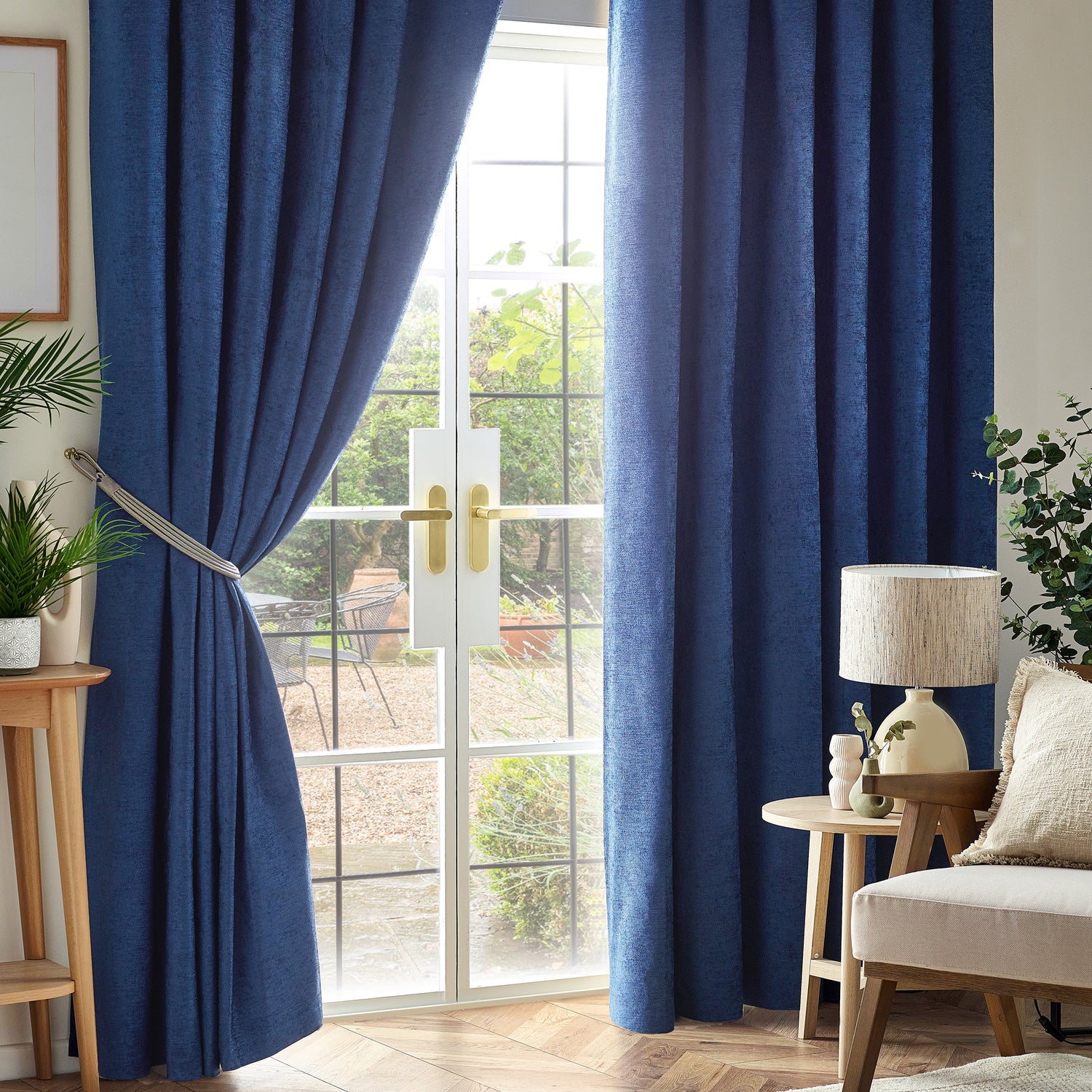 Chenille Triple Woven Ready Made Blackout Pencil Pleat Curtains Blue
