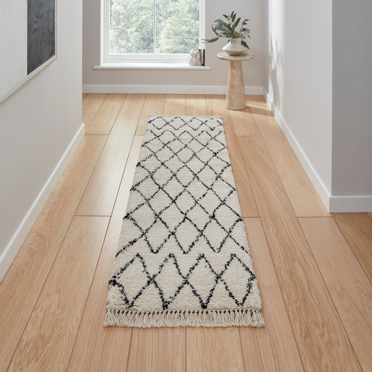 Boho 5413 Shaggy Runner 60cm x 230cm Rug White Black