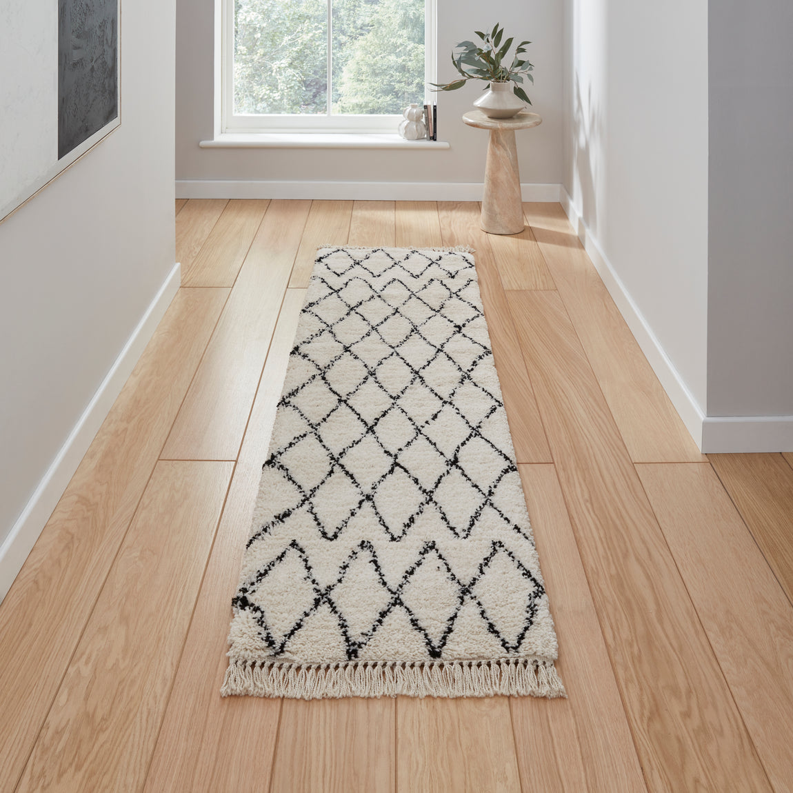 Boho 5413 Shaggy Runner 60cm x 230cm Rug White Black