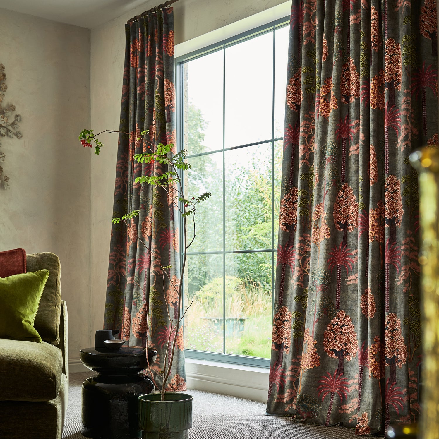 Linda Barker Bonsai Garden Velvet Print Made to Measure Curtain Green Grey