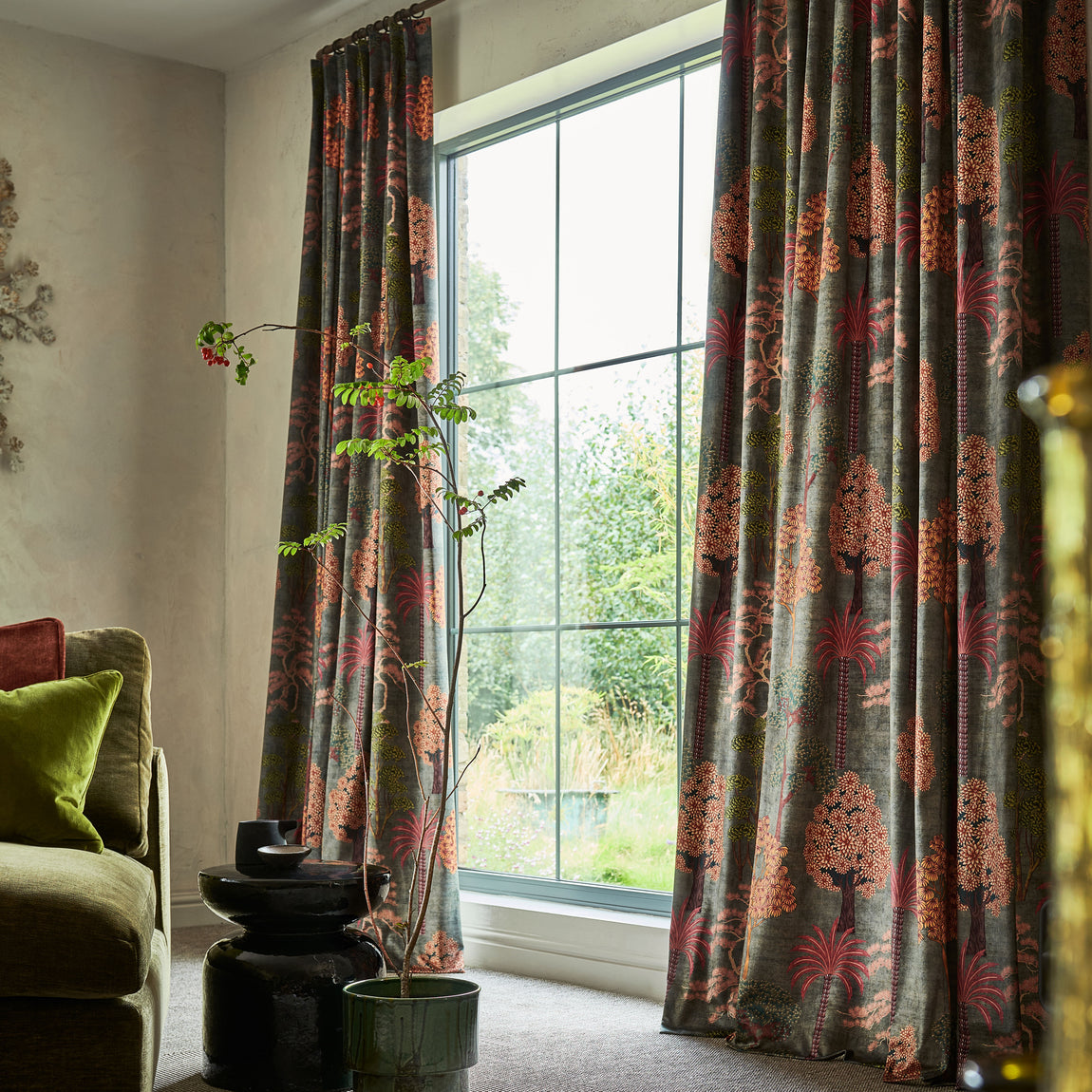 Linda Barker Bonsai Garden Velvet Print Made to Measure Curtain Green Grey