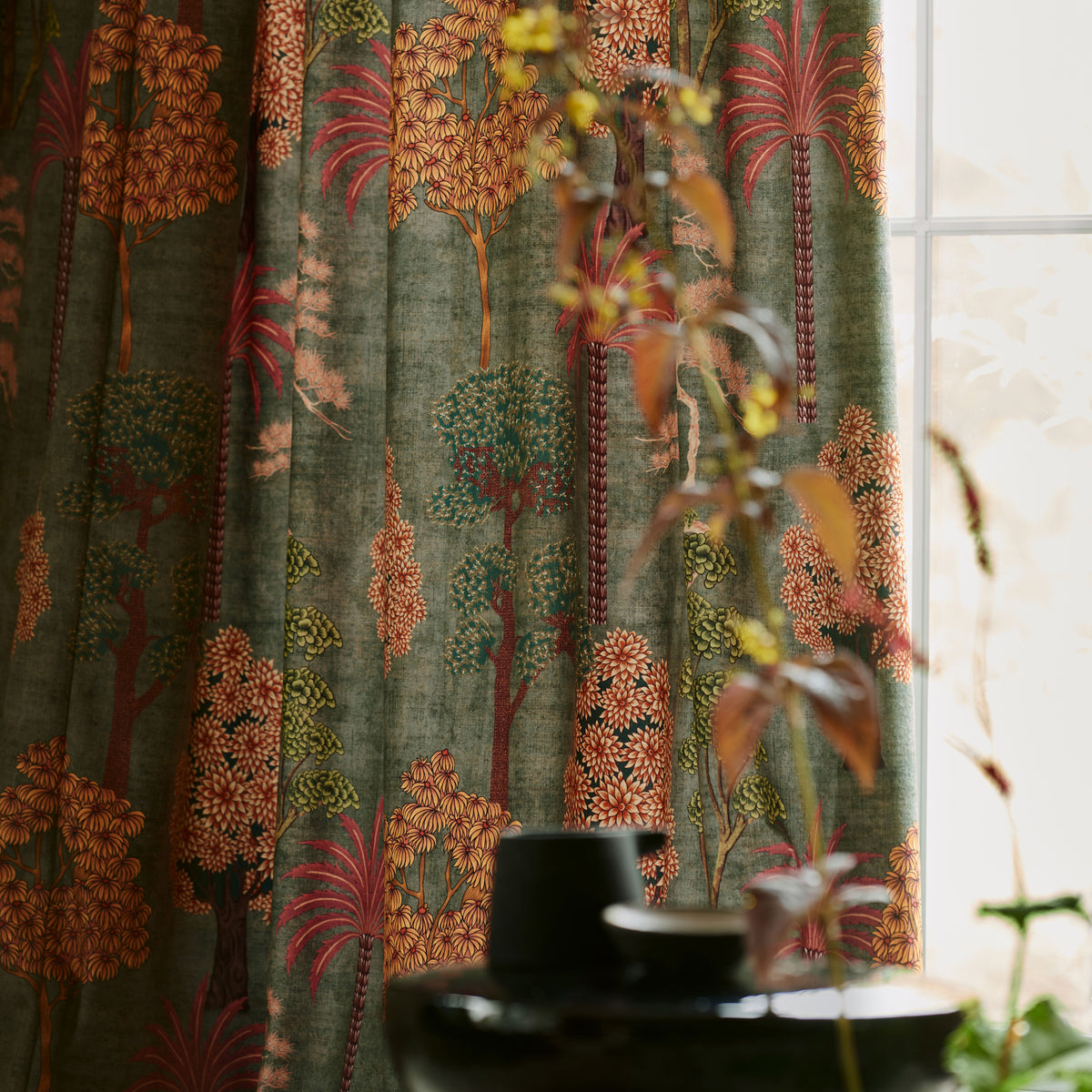 Linda Barker Bonsai Garden Velvet Print Made to Measure Curtain Green Grey