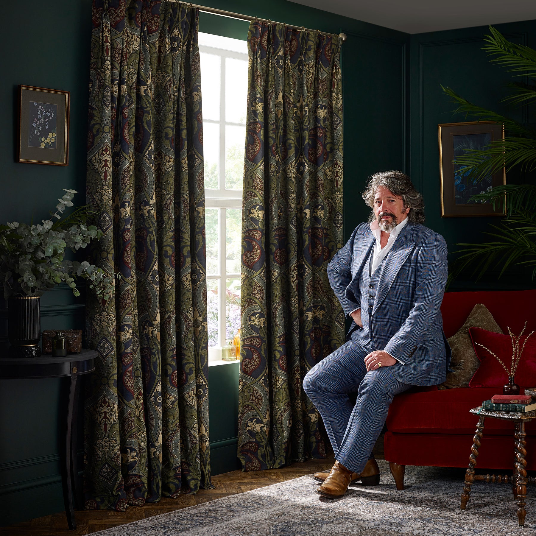 HOUSE Llewelyn-Bowen Gwendoline Printed Damask Made To Measure Curtains Wildnavy