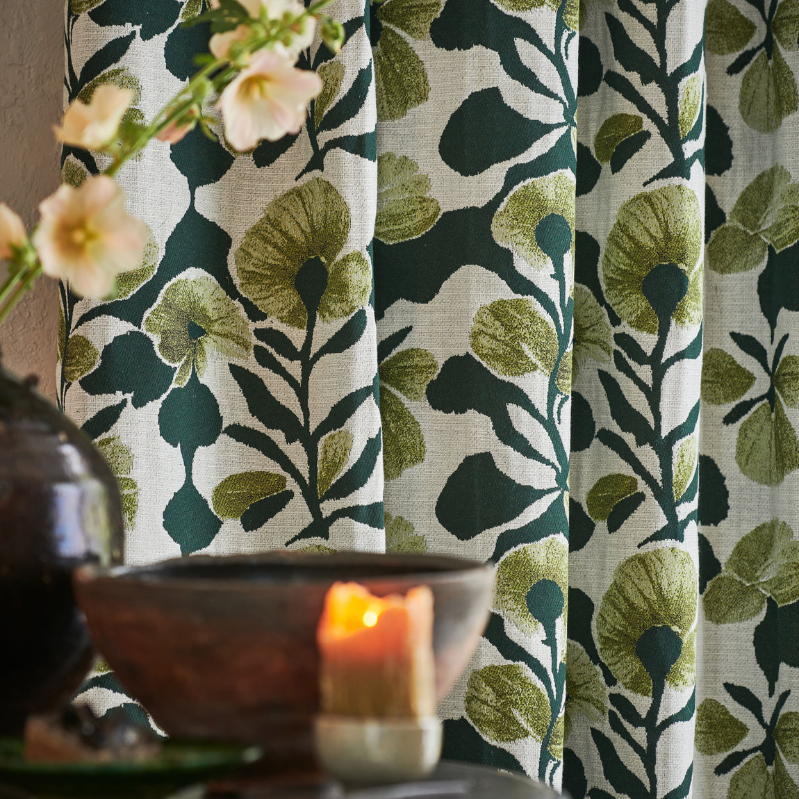 Linda Barker Evergreen Flower Woven Made to Measure Curtain Green