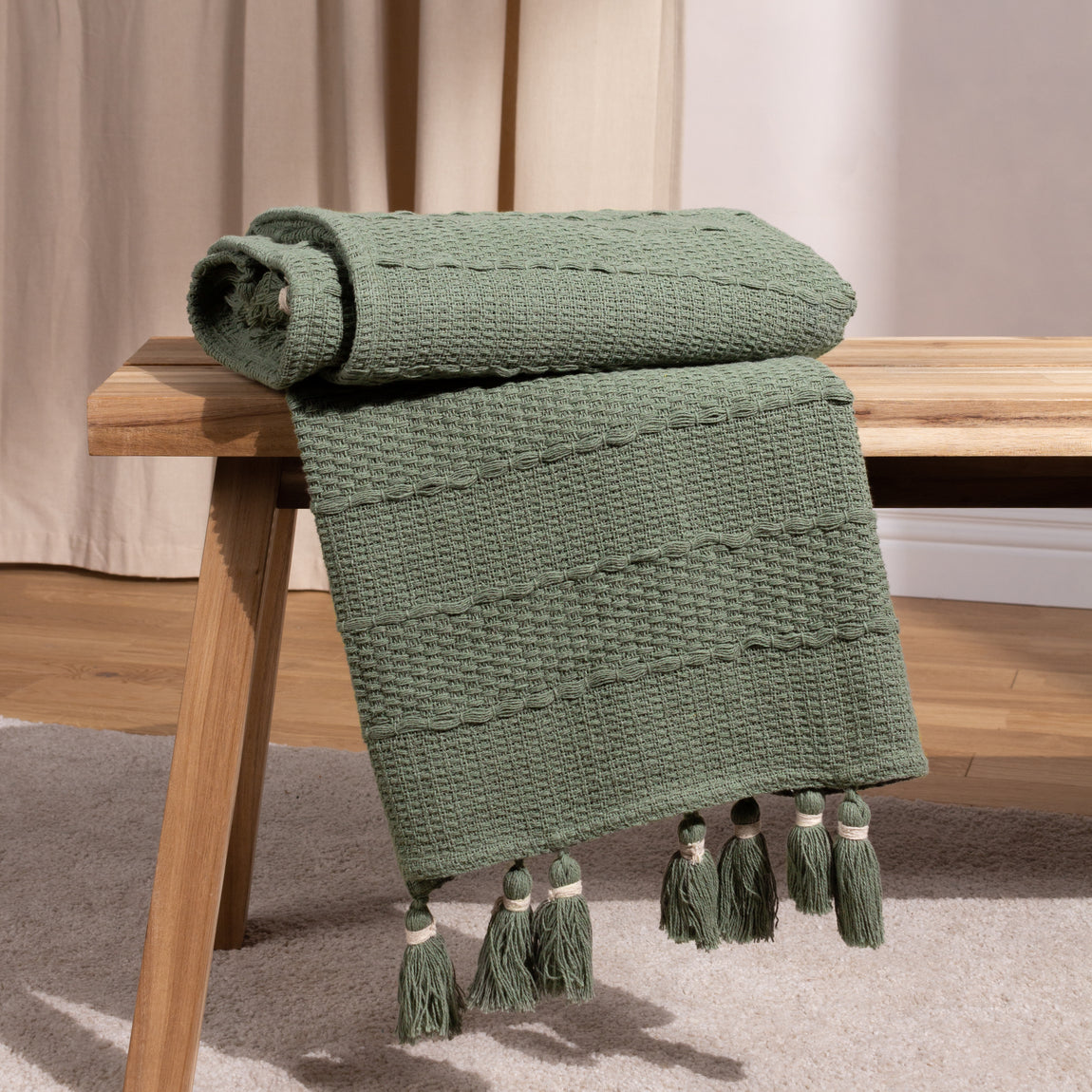 Caliche Woven Tasselled Throw 130cm x 180cm Khaki