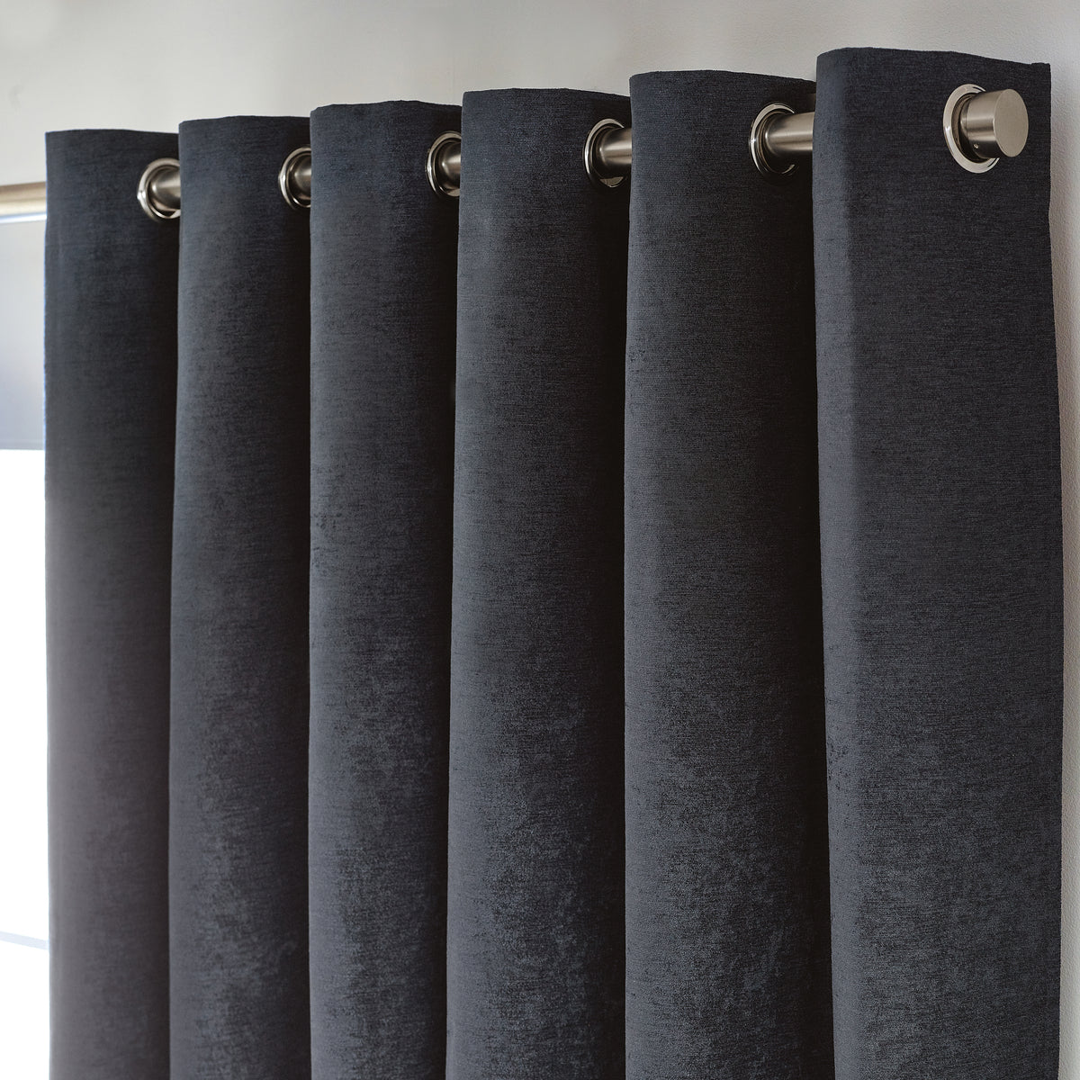 Chenille Triple Woven Ready Made Eyelet Blackout Curtains Charcoal