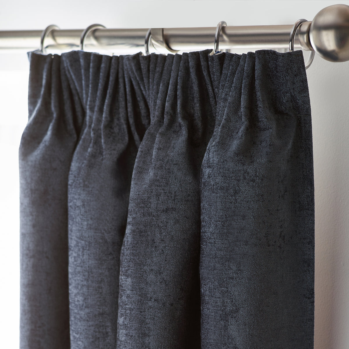 Chenille Triple Woven Ready Made Blackout Pencil Pleat Curtains Charcoal