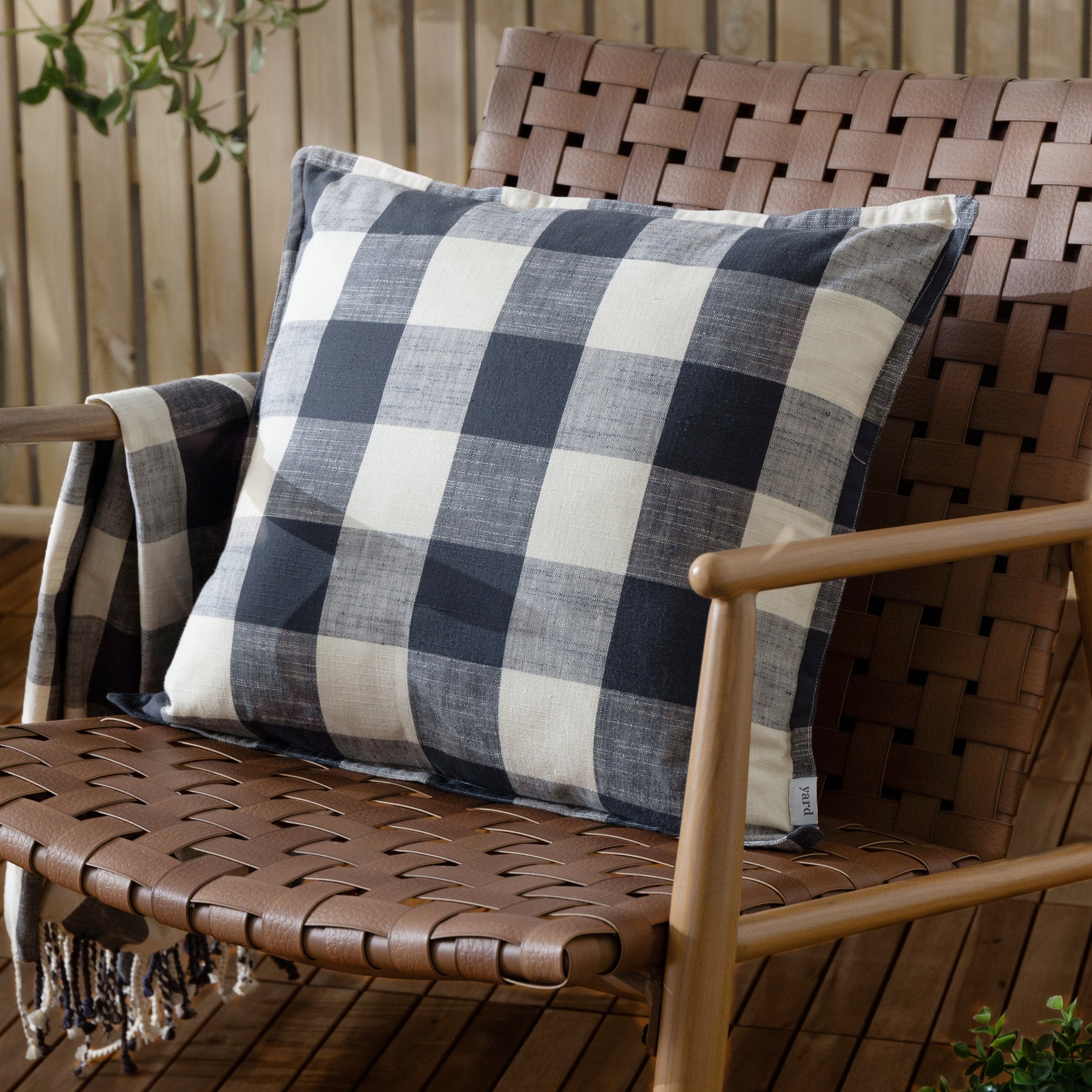 Yard Chesil Check Cotton Outdoor 50cm x 50cm Filled Cushion Navy