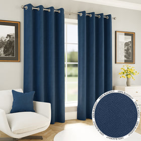 Chester Thermal Herringbone Ready Made Eyelet Blackout Curtains Navy