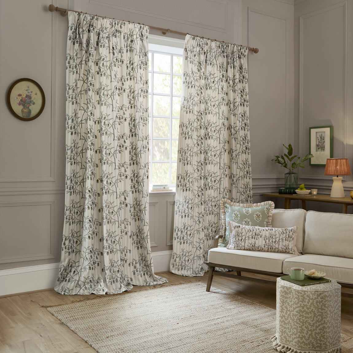 Sanderson Chinese Lanterns Embroidered Ready Made Pencil Pleat Curtains Linen