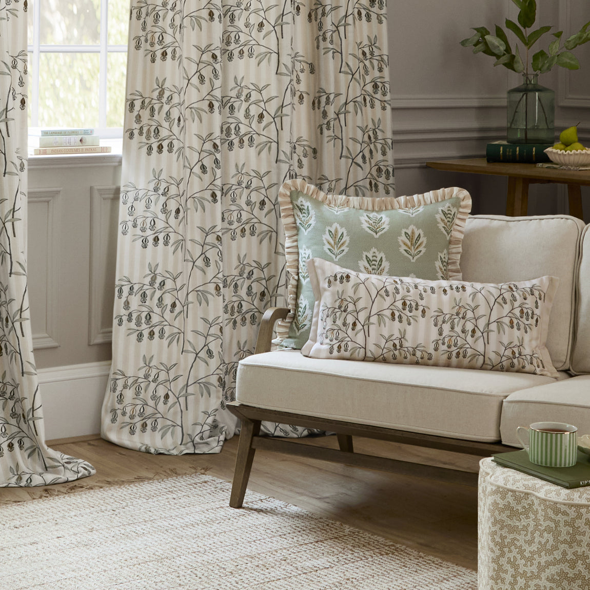 Sanderson Chinese Lanterns Embroidered Ready Made Pencil Pleat Curtains Linen