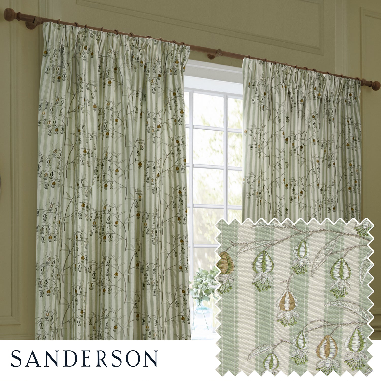 Sanderson Chinese Lanterns Embroidered Ready Made Pencil Pleat Curtains Sage
