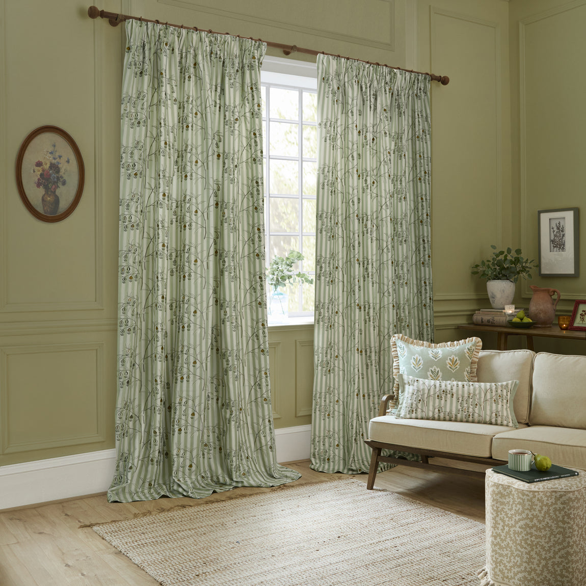 Sanderson Chinese Lanterns Embroidered Ready Made Pencil Pleat Curtains Sage