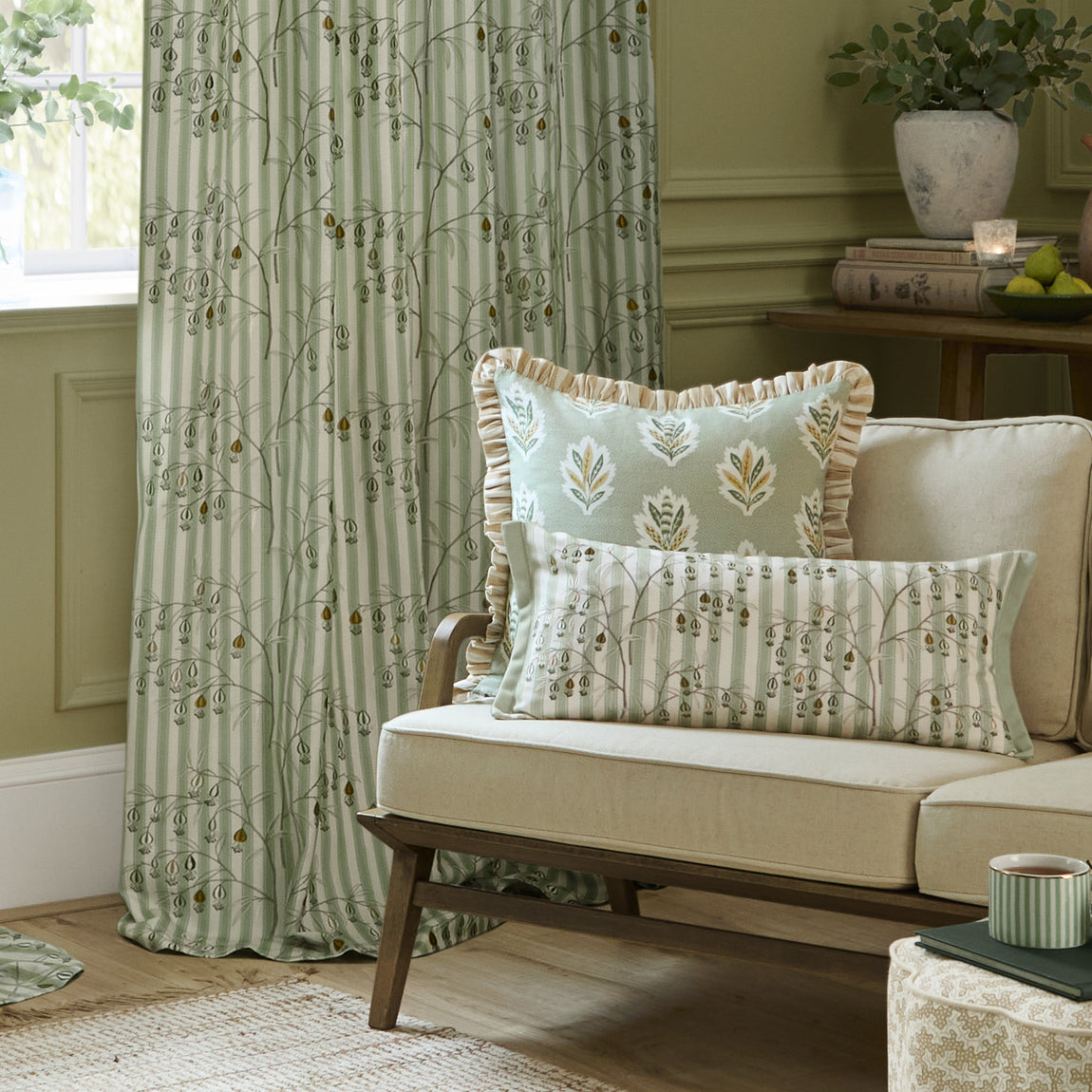 Sanderson Chinese Lanterns Embroidered Ready Made Pencil Pleat Curtains Sage