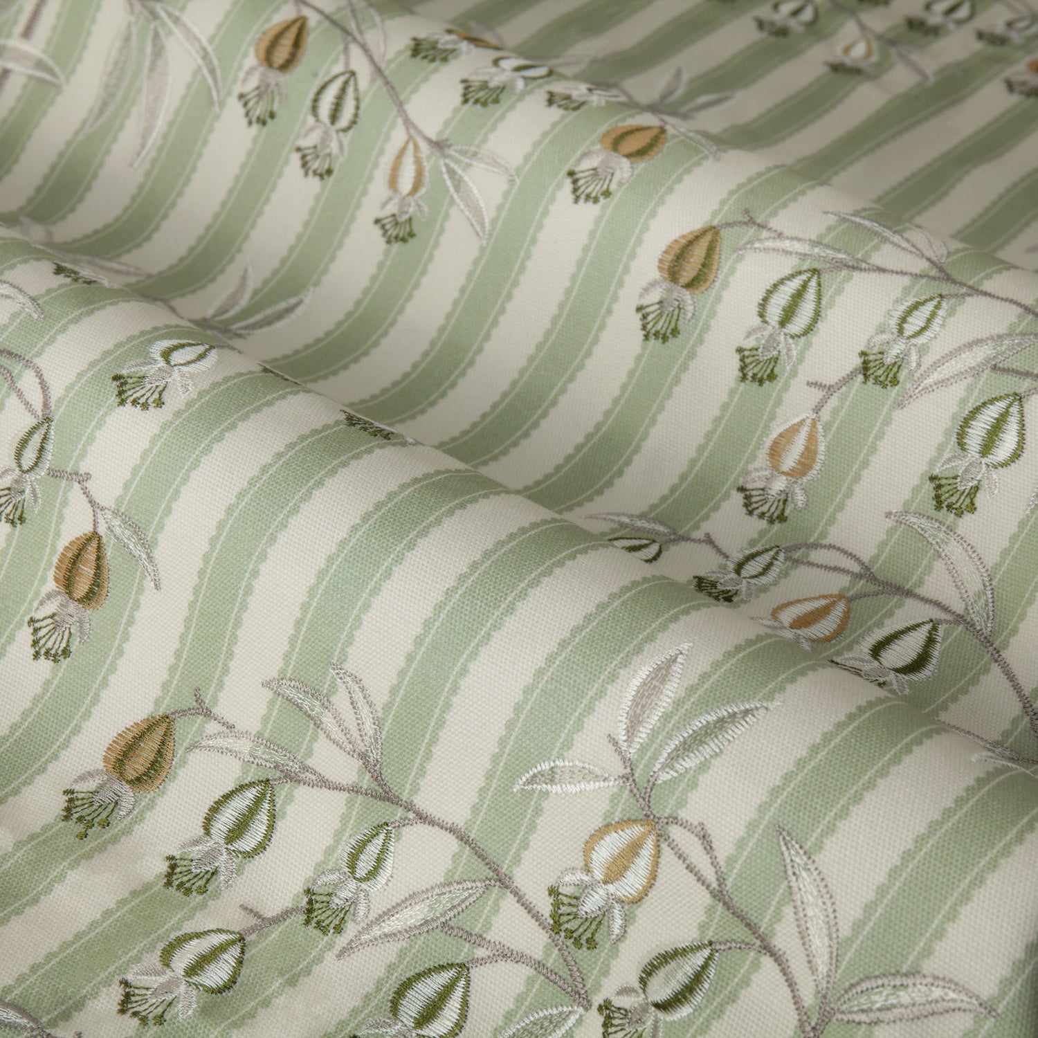 Sanderson Chinese Lanterns Embroidered Ready Made Pencil Pleat Curtains Sage