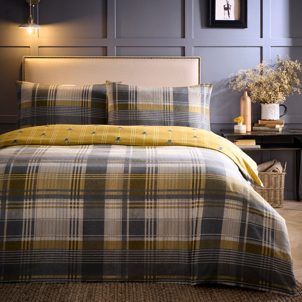 Dreams & Drapes Connolly Check Brushed Cotton Duvet Cover Bedding Set Ochre