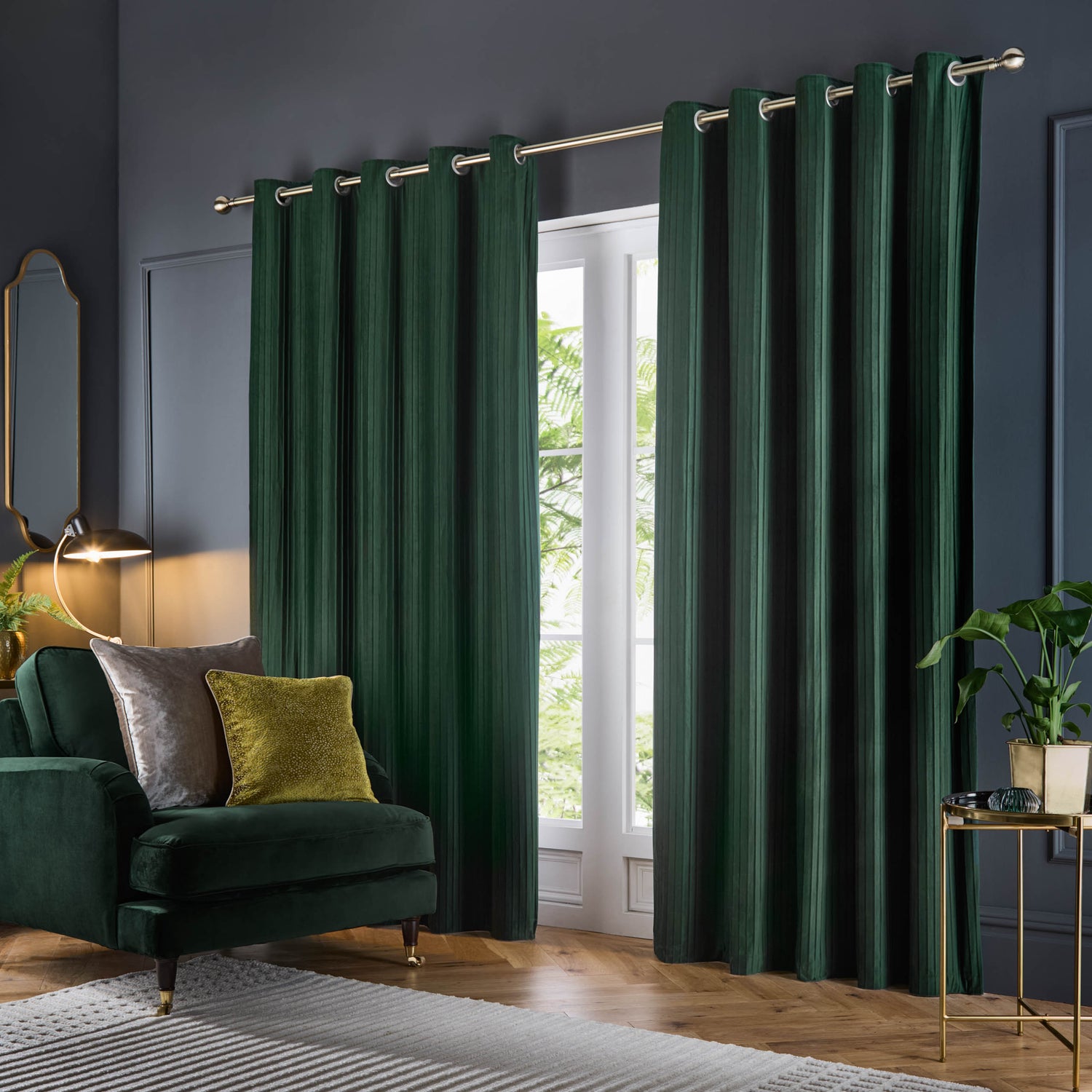 Paoletti Corinthian Velvet Ready Made Eyelet Curtains Forest