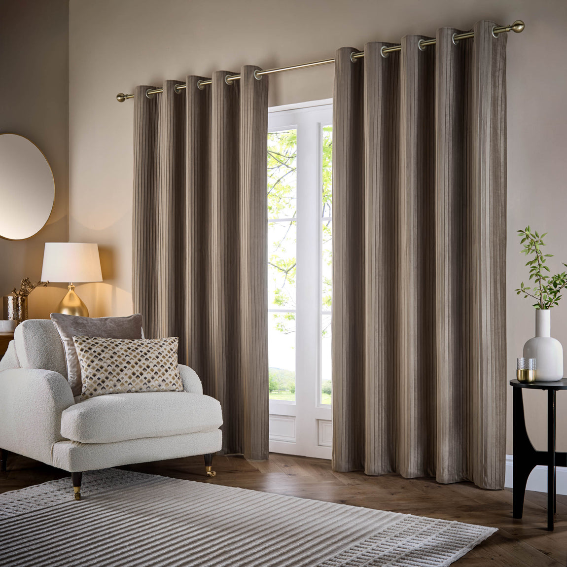 Paoletti Corinthian Velvet Ready Made Eyelet Curtains Mink