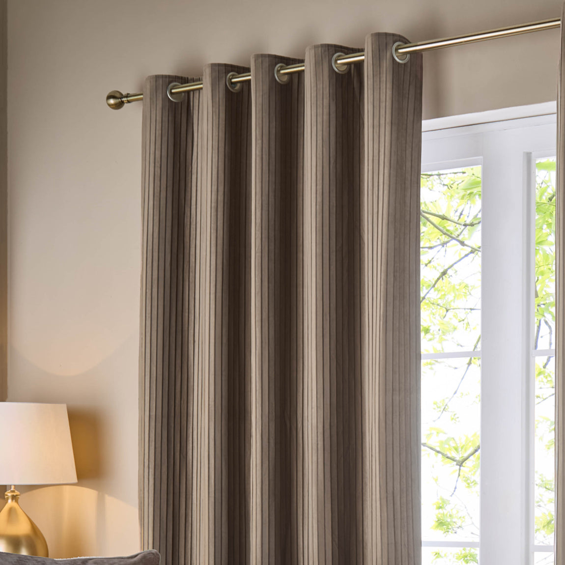 Paoletti Corinthian Velvet Ready Made Eyelet Curtains Mink