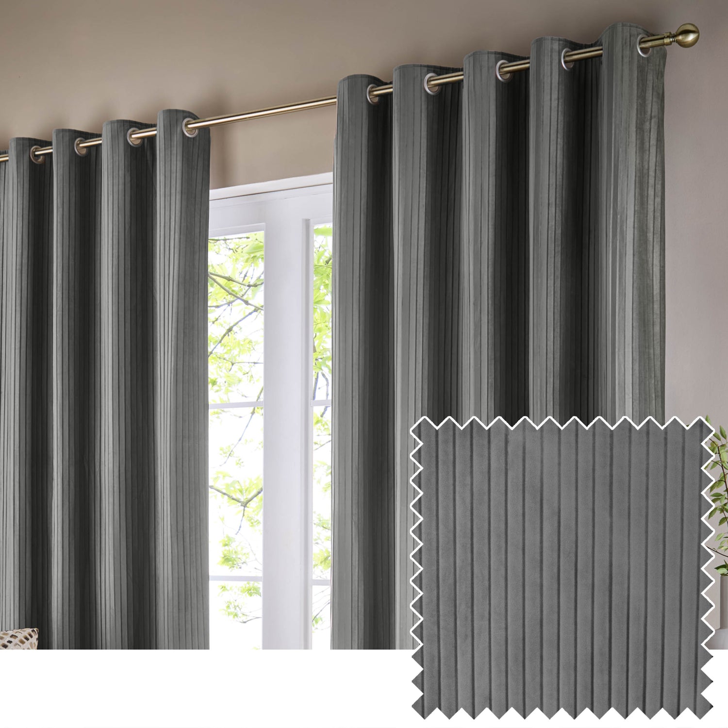 Paoletti Corinthian Velvet Ready Made Eyelet Curtains Grey