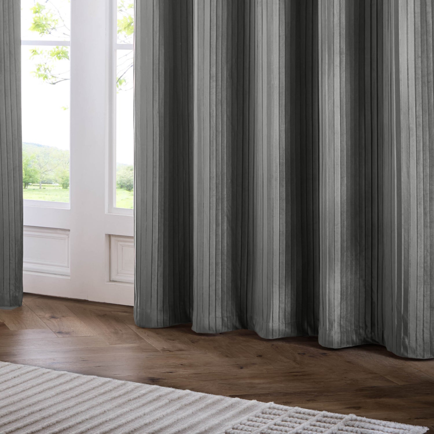 Paoletti Corinthian Velvet Ready Made Eyelet Curtains Grey