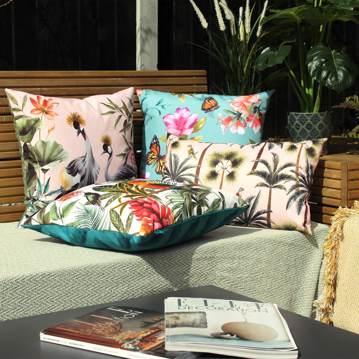 Cranes Outdoor Filled Cushion 43cm x 43cm Blush Forest