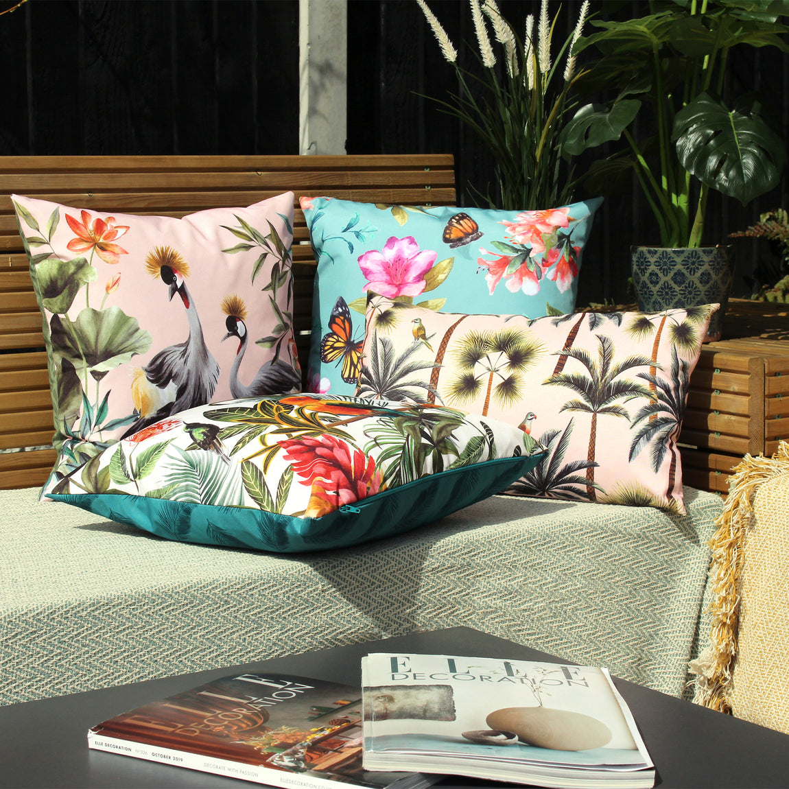 Cranes Outdoor Filled Cushion 43cm x 43cm Blush Forest