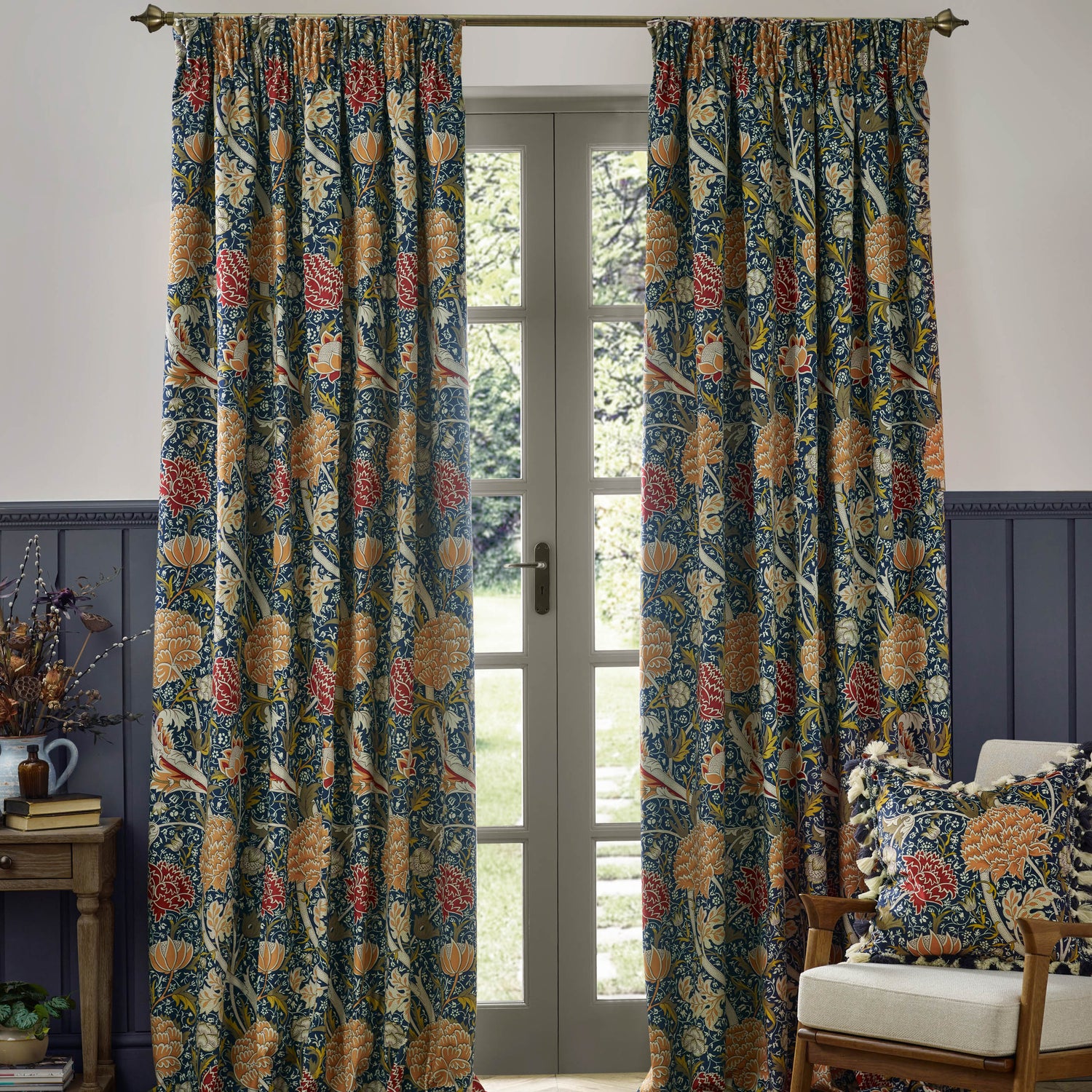 Morris & Co. Cray Floral Printed Velvet Ready Made Pencil Pleat Curtains Indigo Berry