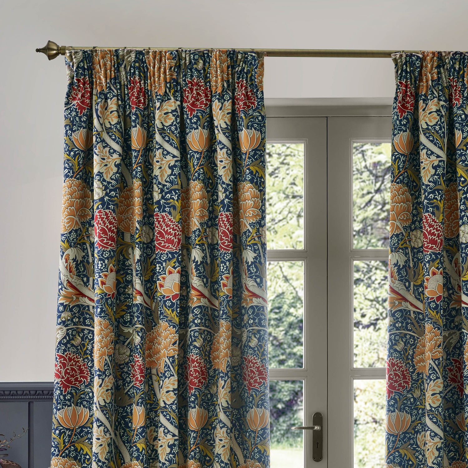 Morris & Co. Cray Floral Printed Velvet Ready Made Pencil Pleat Curtains Indigo Berry
