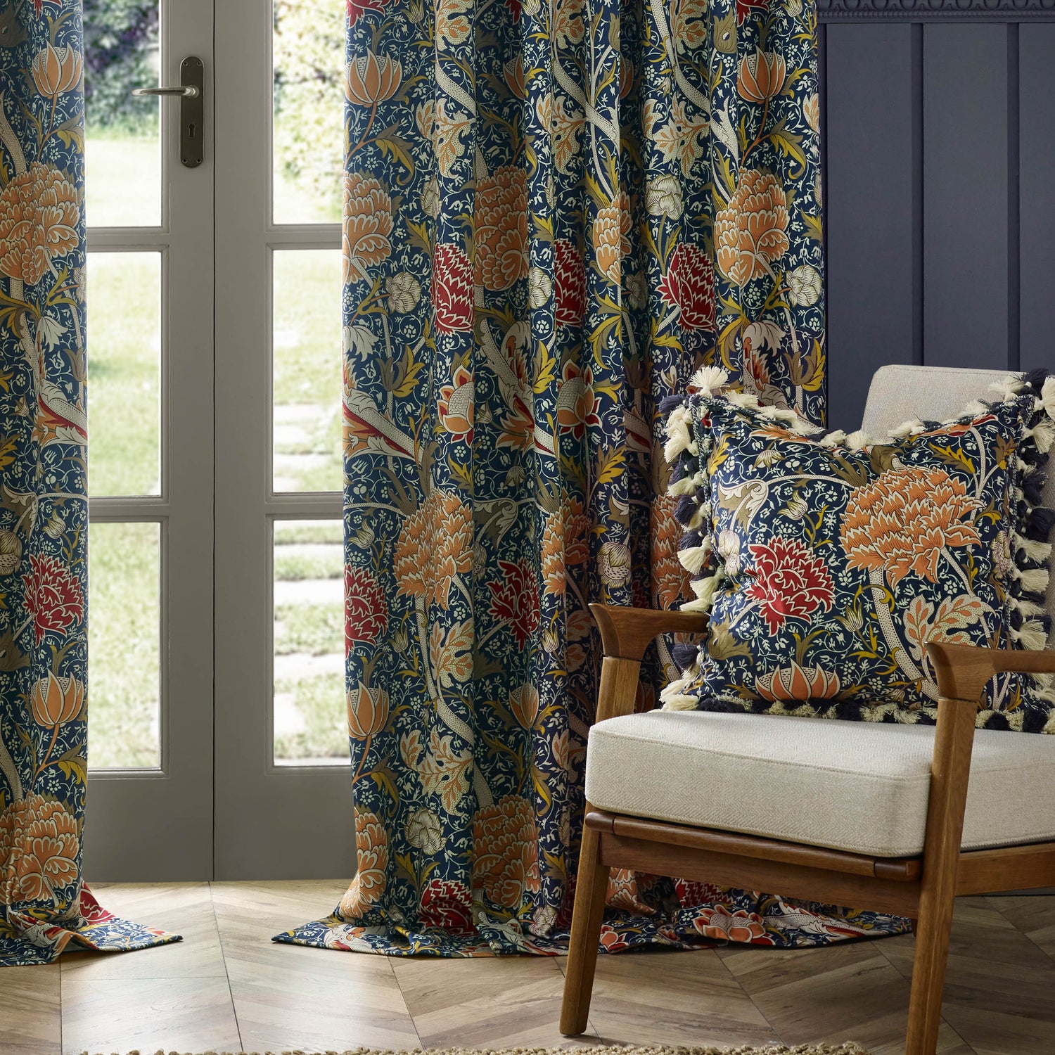 Morris & Co. Cray Floral Printed Velvet Ready Made Pencil Pleat Curtains Indigo Berry