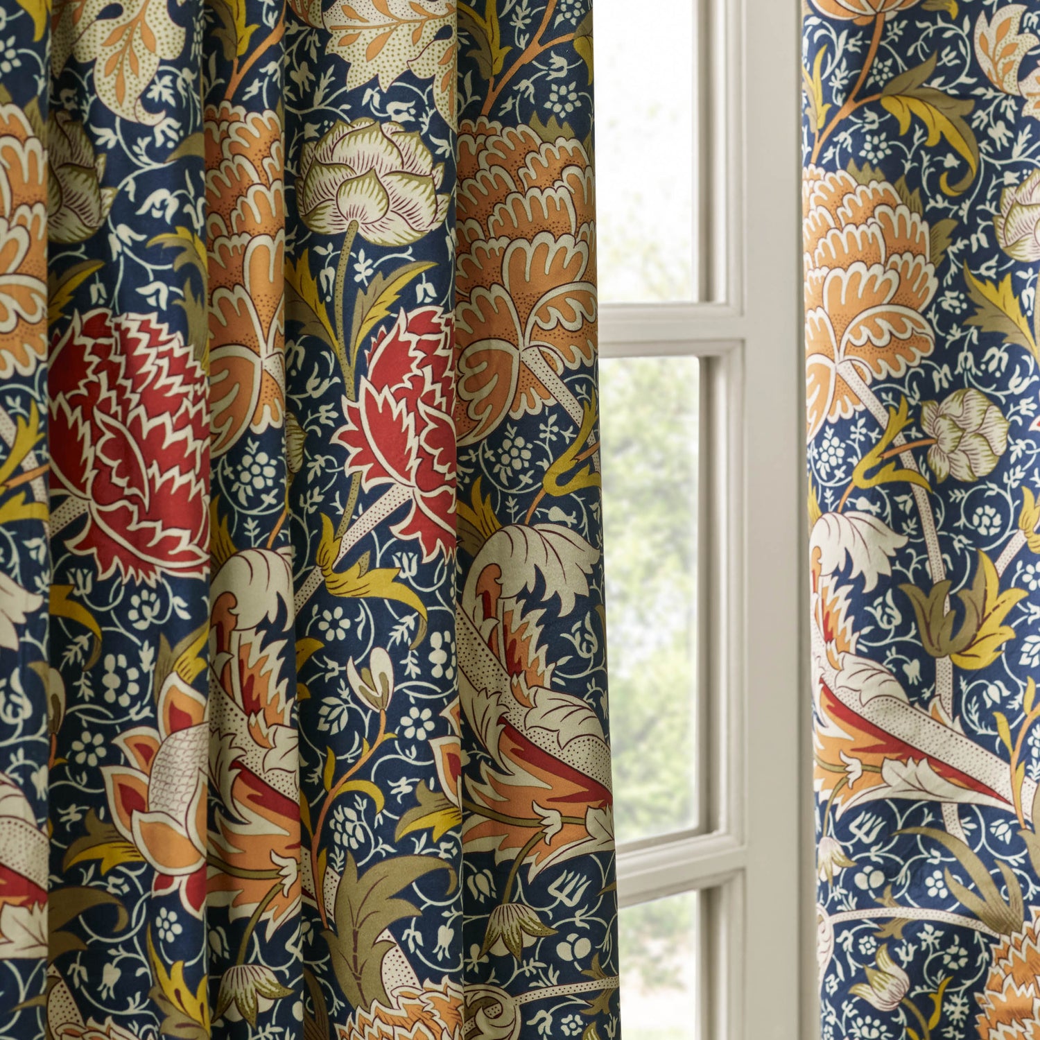 Morris & Co. Cray Floral Printed Velvet Ready Made Pencil Pleat Curtains Indigo Berry