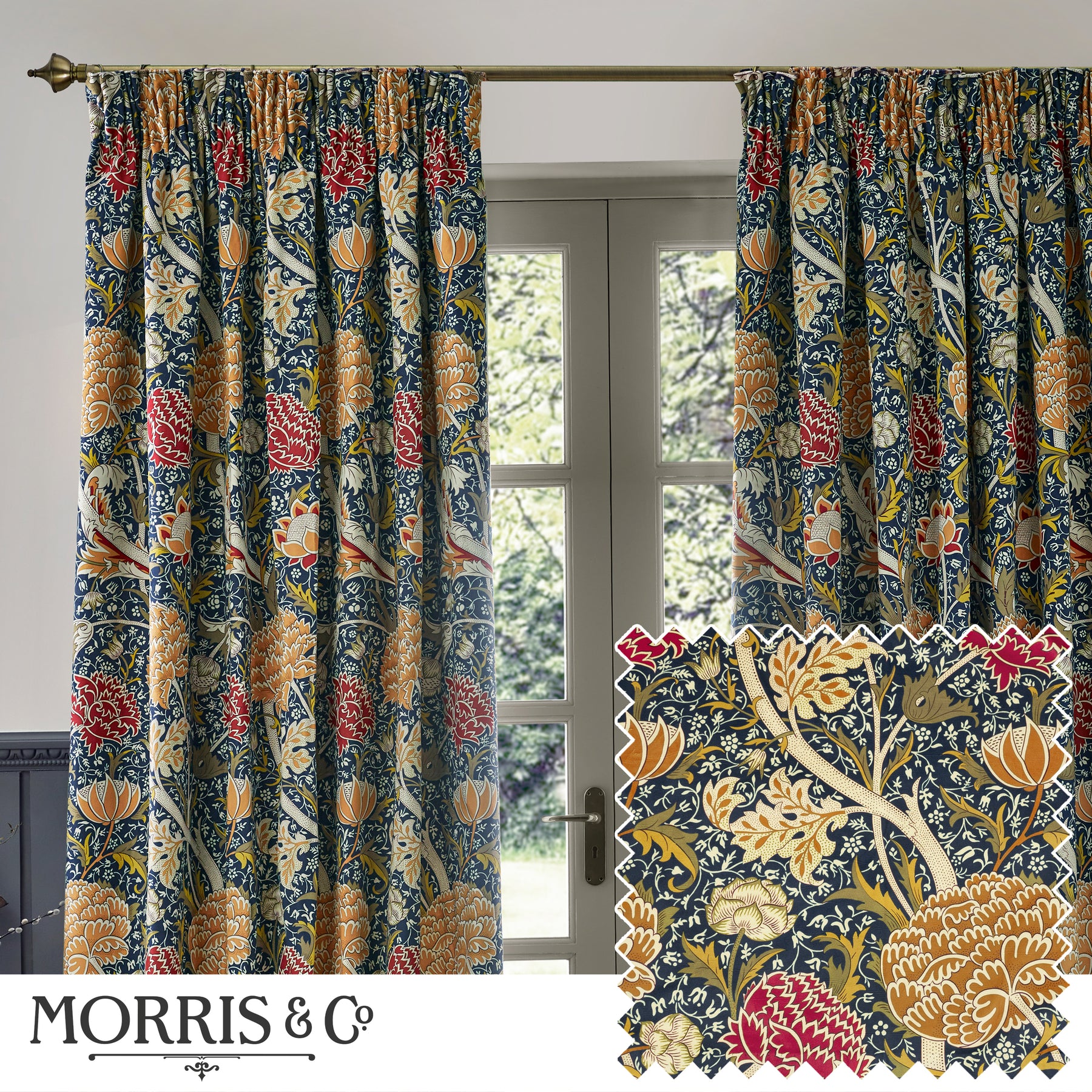 Morris & Co. Cray Floral Printed Velvet Ready Made Pencil Pleat Curtains Indigo Berry
