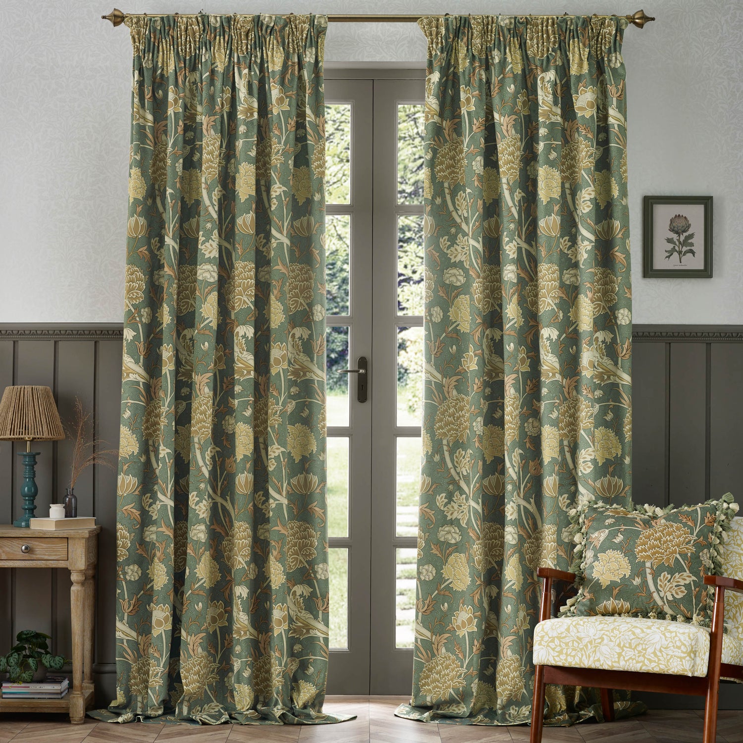 Morris & Co. Cray Floral Printed Velvet Ready Made Pencil Pleat Curtains Sage Sunflower