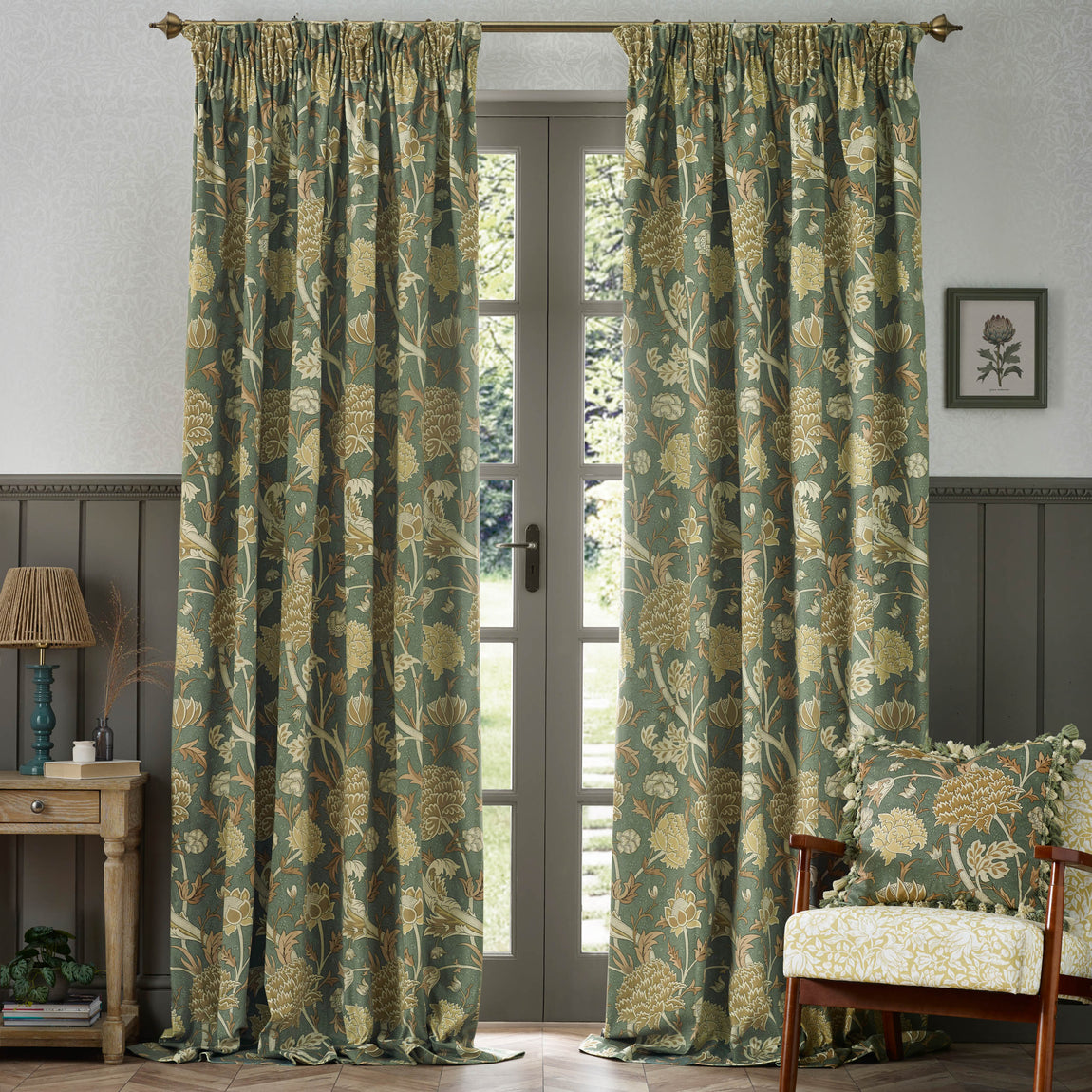 Morris & Co. Cray Floral Printed Velvet Ready Made Pencil Pleat Curtains Sage Sunflower