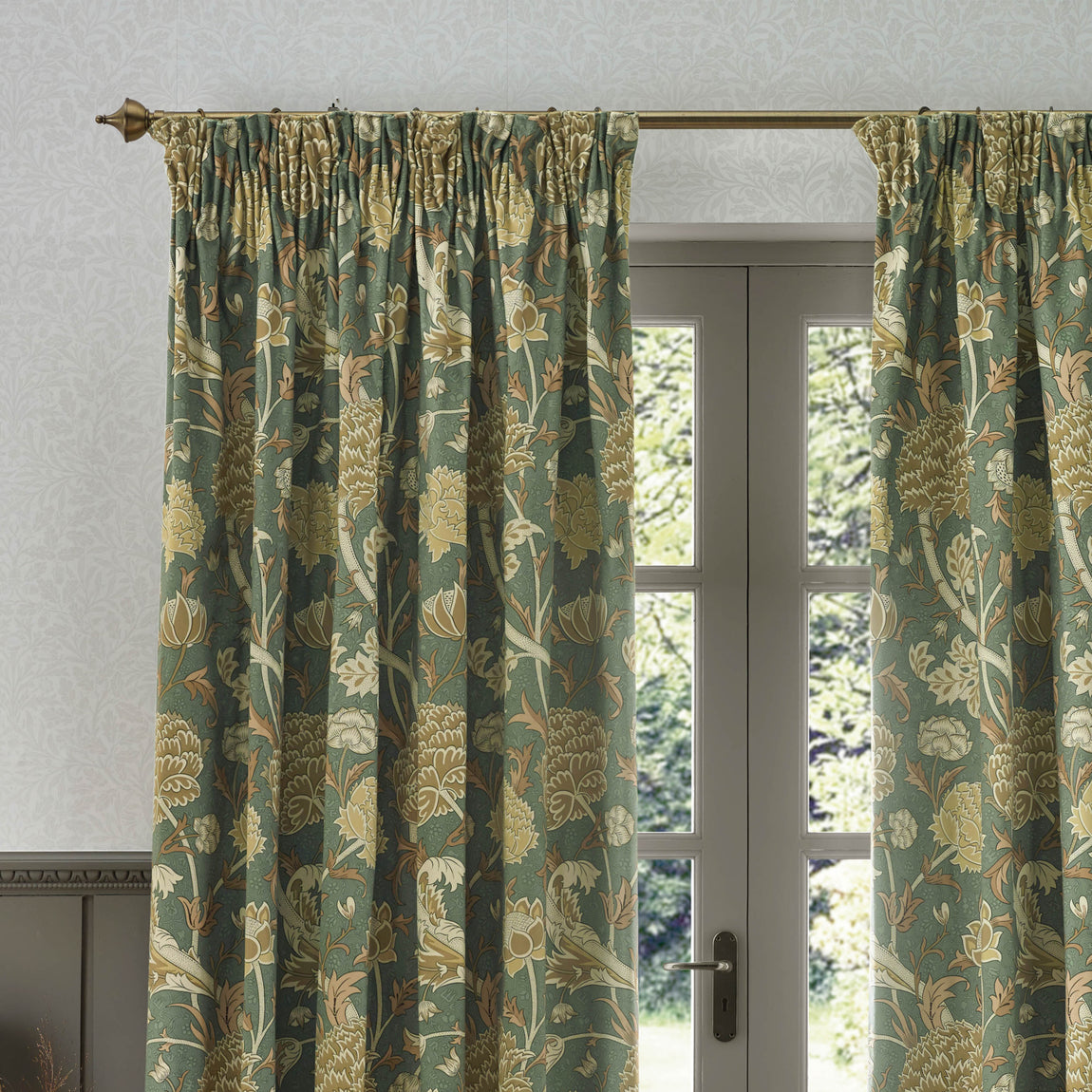 Morris & Co. Cray Floral Printed Velvet Ready Made Pencil Pleat Curtains Sage Sunflower