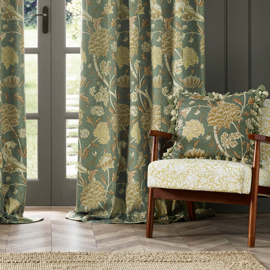 Morris & Co. Cray Floral Printed Velvet Ready Made Pencil Pleat Curtains Sage Sunflower