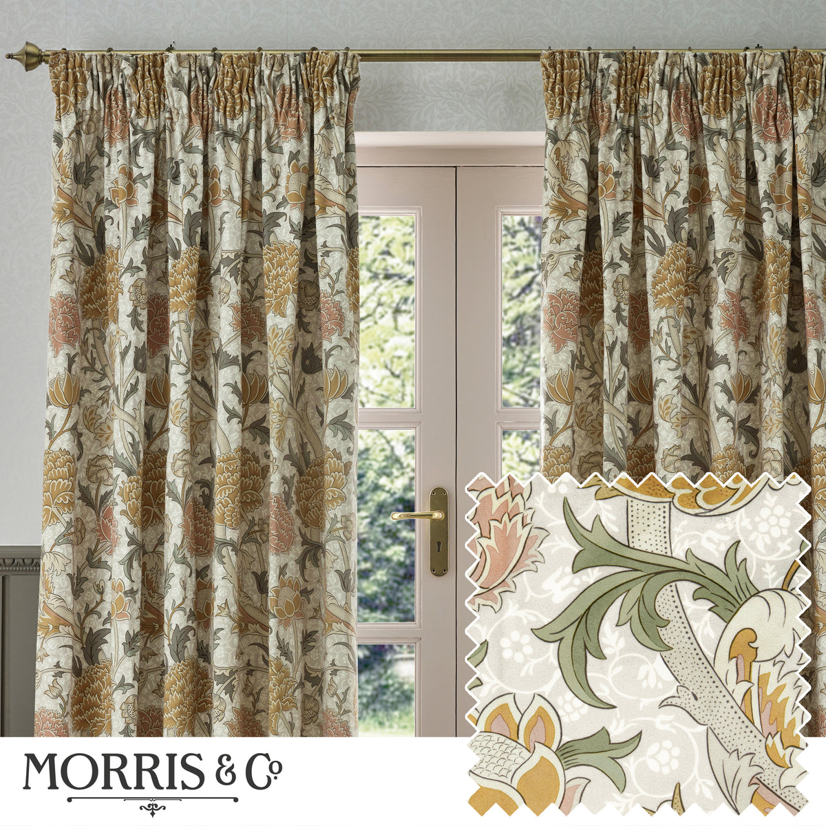 Morris & Co. Cray Floral Printed Velvet Ready Made Pencil Pleat Curtains Stone Clay