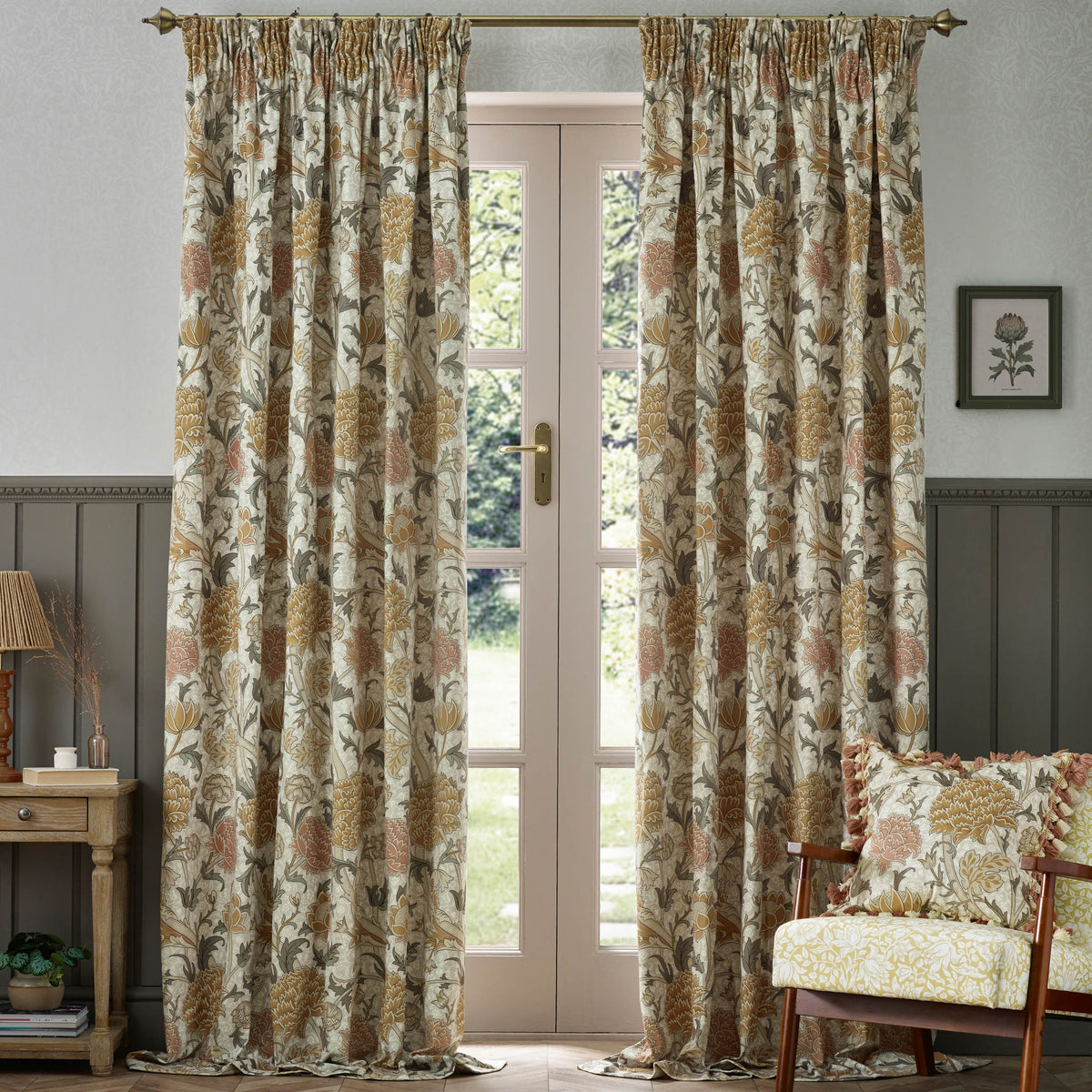 Morris & Co. Cray Floral Printed Velvet Ready Made Pencil Pleat Curtains Stone Clay