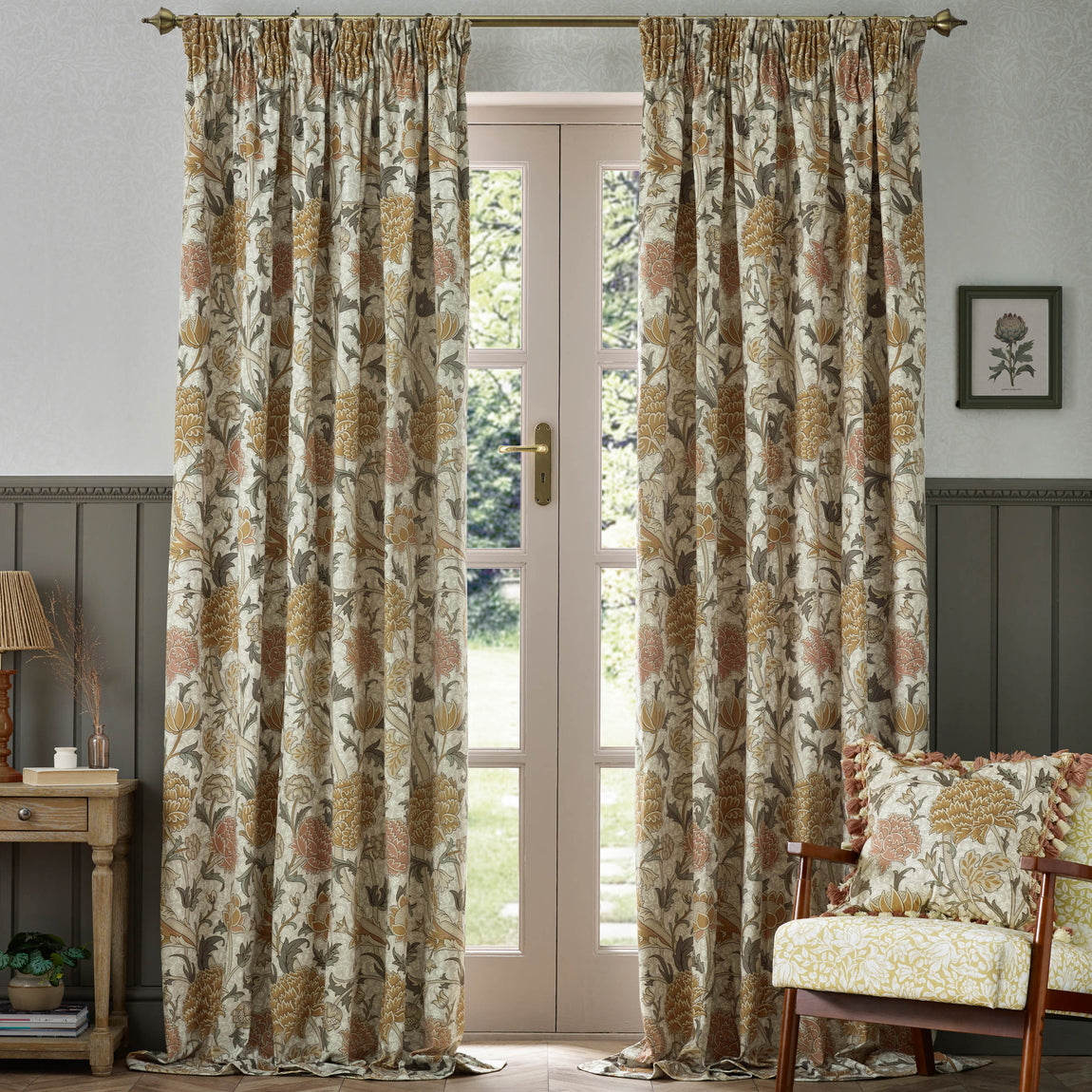 Morris & Co. Cray Floral Printed Velvet Ready Made Pencil Pleat Curtains Stone Clay