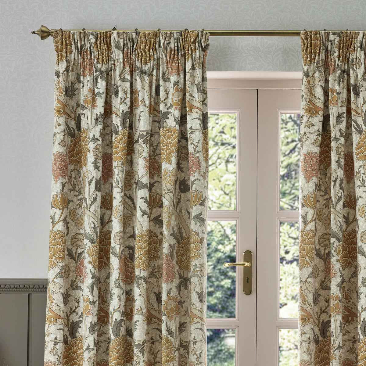 Morris & Co. Cray Floral Printed Velvet Ready Made Pencil Pleat Curtains Stone Clay