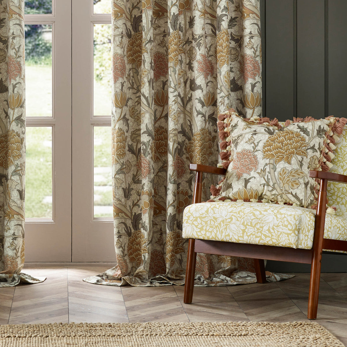 Morris & Co. Cray Floral Printed Velvet Ready Made Pencil Pleat Curtains Stone Clay