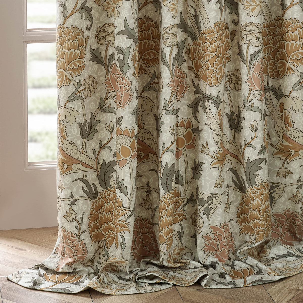 Morris & Co. Cray Floral Printed Velvet Ready Made Pencil Pleat Curtains Stone Clay