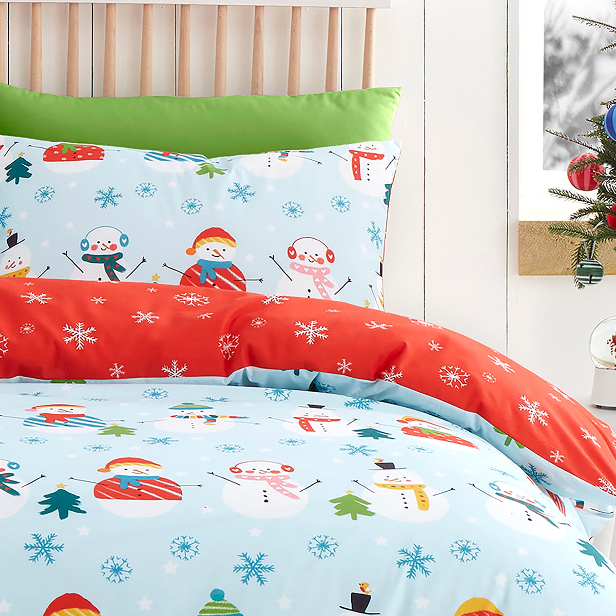 Fusion Christmas Snowman Reversible Duvet Cover Bedding Set Duck Egg