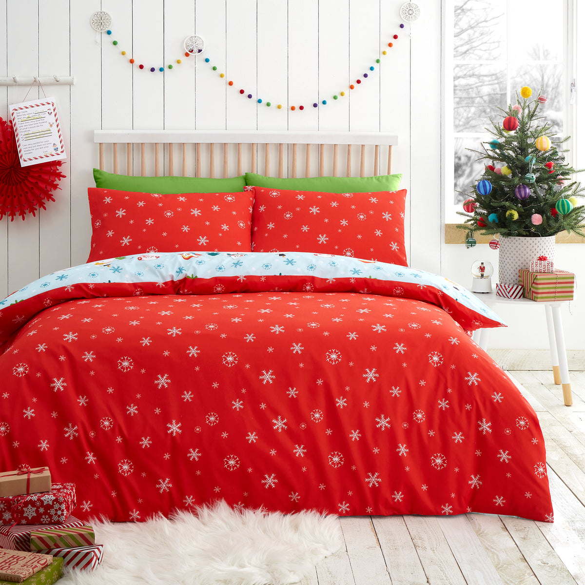 Fusion Christmas Snowman Reversible Duvet Cover Bedding Set Duck Egg