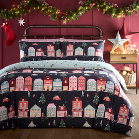 Fusion Christmas Houses Duvet Cover Bedding Set Navy