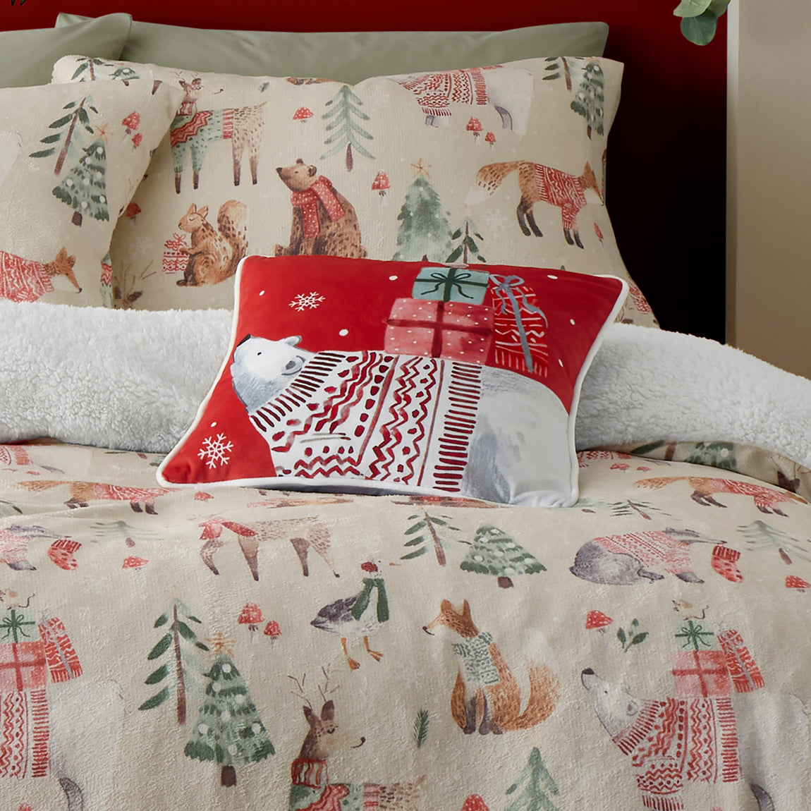 Fusion Christmas Woodland Animals Velvet Filled Cushion 43cm x 43cm Red