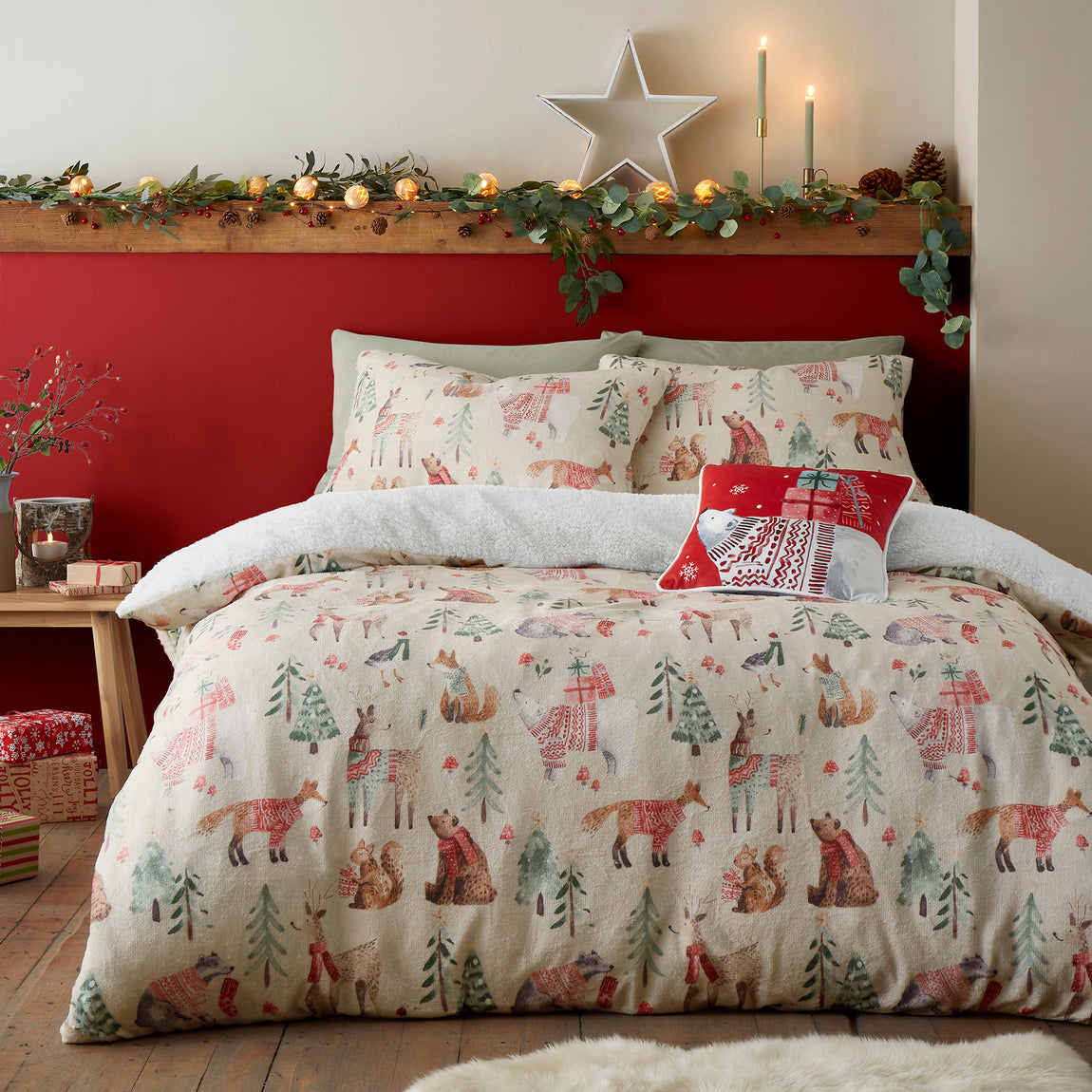 Fusion Christmas Woodland Animals Velvet Filled Cushion 43cm x 43cm Red