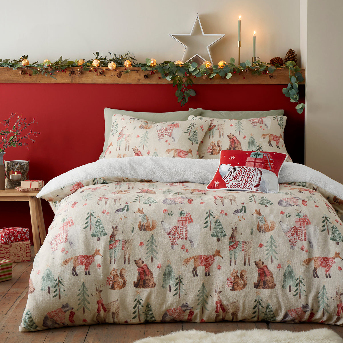 Fusion Christmas Woodland Animals Sherpa Reverse Duvet Cover Bedding Set Natural