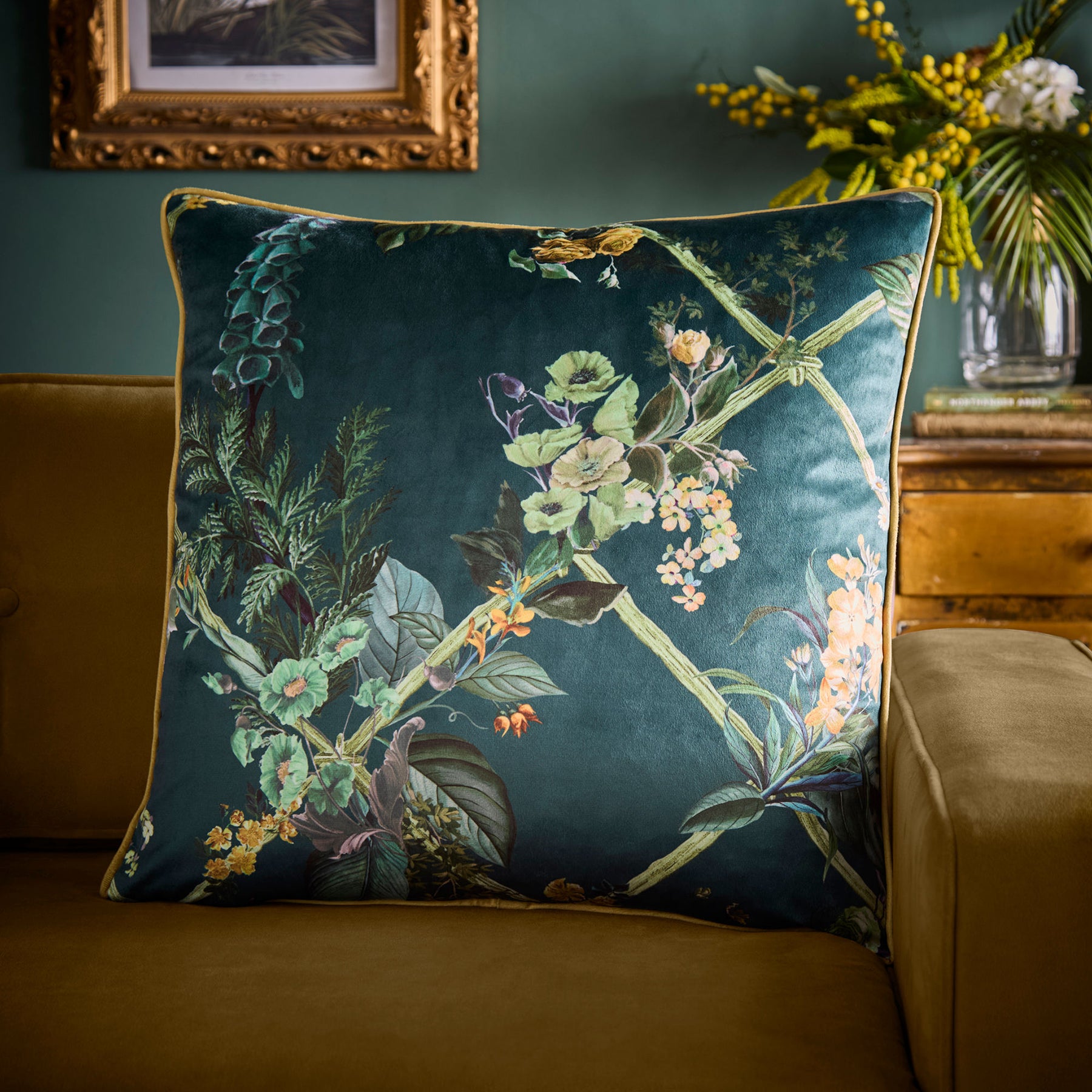 Laurence Llewelyn-Bowen Cotswold Fantasia Dawn Velvet 55cmx55cm Filled Cushion Green